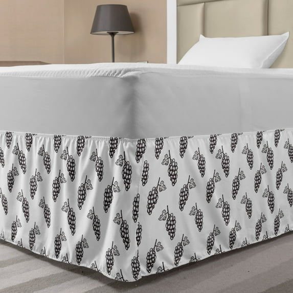Vineyard Bed Skirt, Hand Drawn Sketchy Fruits Summer Ripe Simplistic Farmers Graphic Artwork, Elastic Bedskirt Dust Ruffle Wrap Around for Bedding Decor, 4 Sizes, Grey White, by Ambesonne