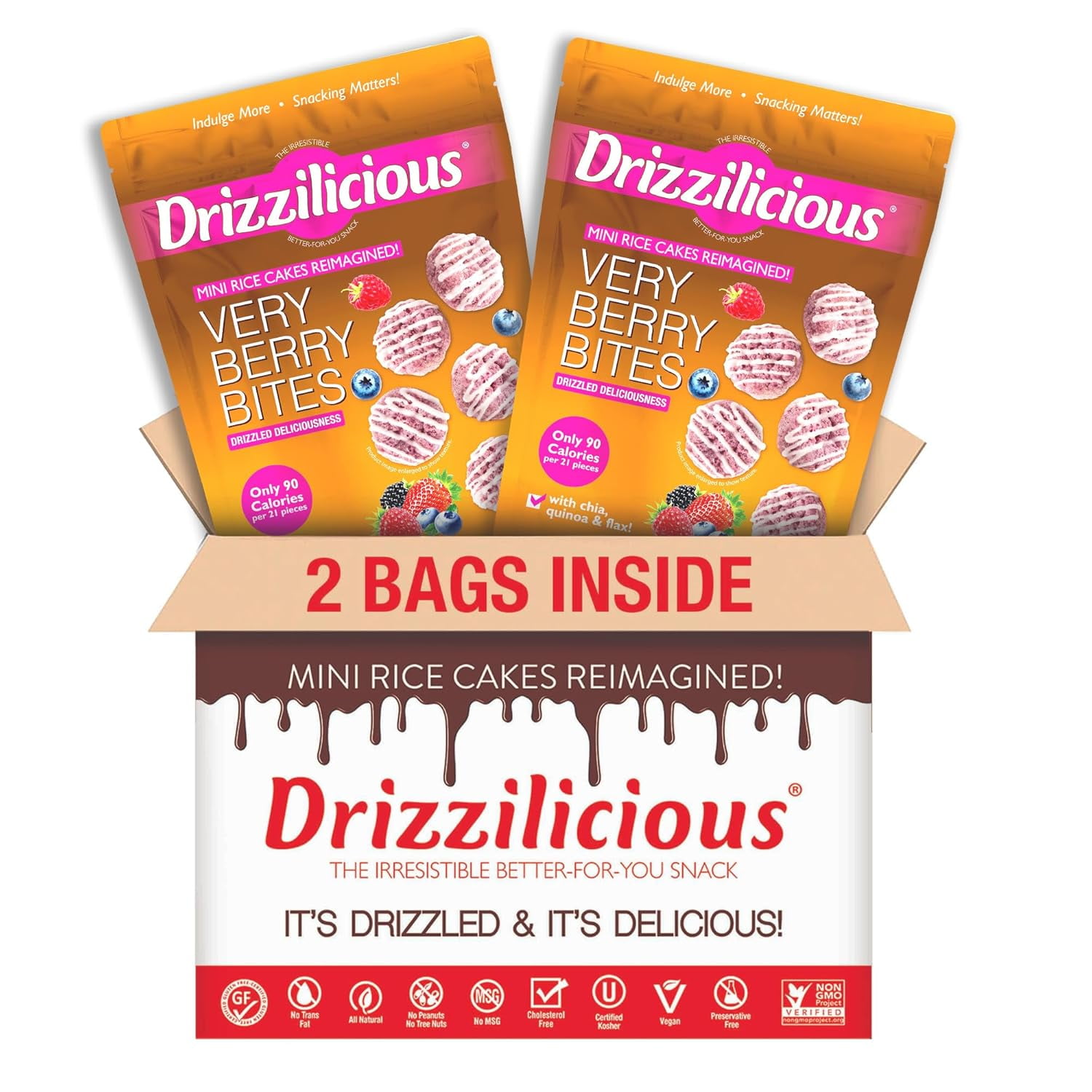 Drizzilicious Mini Rice Cakes, Very Berry Flavored Rice Cake Gluten Free Snacks, Rice Crisps 2-Pack