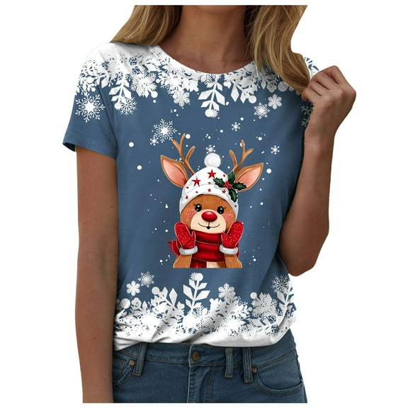 larppty Christmas Snowflake Shirts for Women Merry Christmas Reindeer Printed T-Shirt Cute Xmas Holiday Tee Tops (Navy, M)