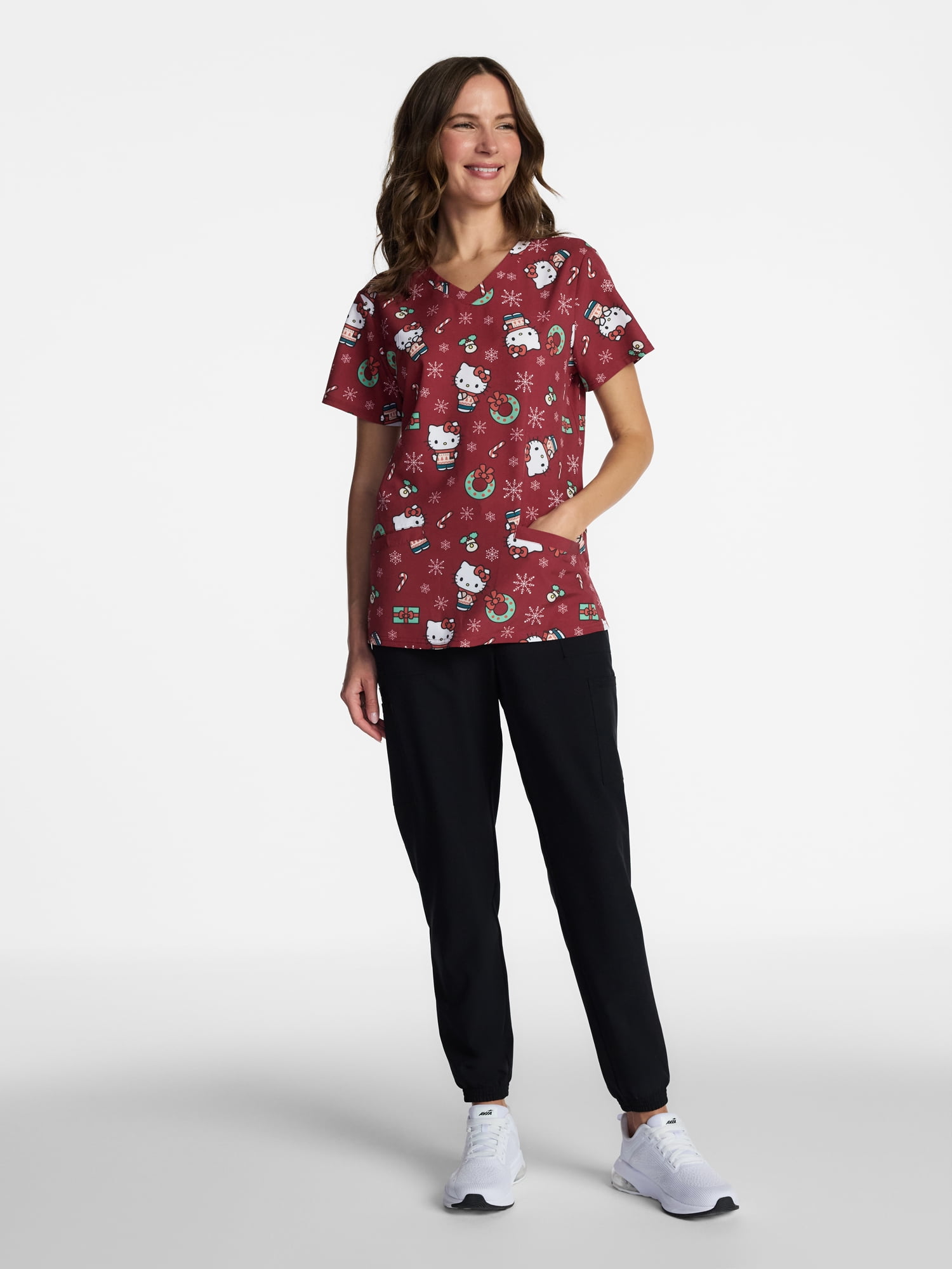 Hello Kitty Women's Holiday Scrub Top with Short Sleeves, Sizes S-XXXL