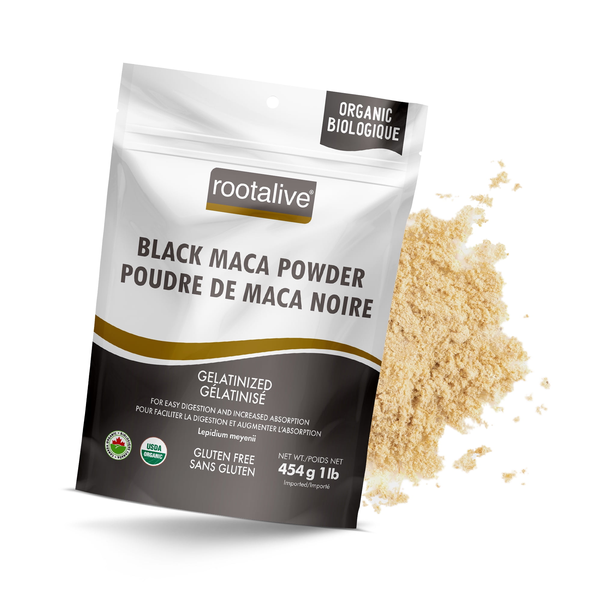 Rootalive Organic Black Maca Powder Gelatinized For High Bio Availability, Easy Digestion And Fast-Absorption, Gluten-Free, Vegan 454g