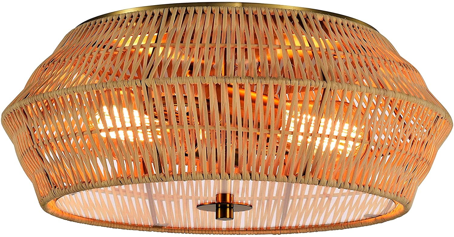 Vintage Brass and Natural Rattan Geometric Cage Flush Mount Light
