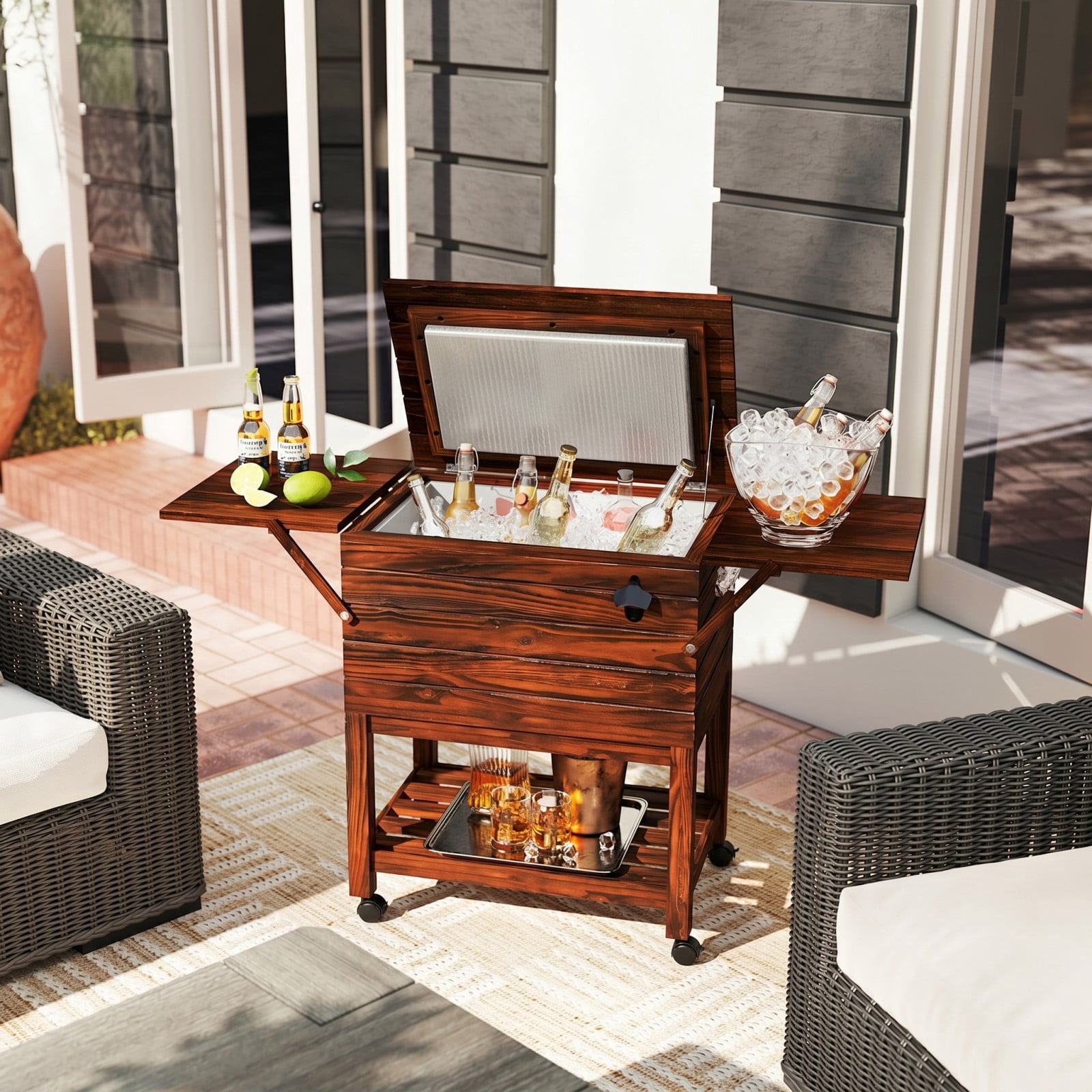 Biotree 54 Quart Wooden Cooler Cart for Patio with Shelves Rolling Ice Chest with Drain Plug Outdoor Cooler Cart, Brown