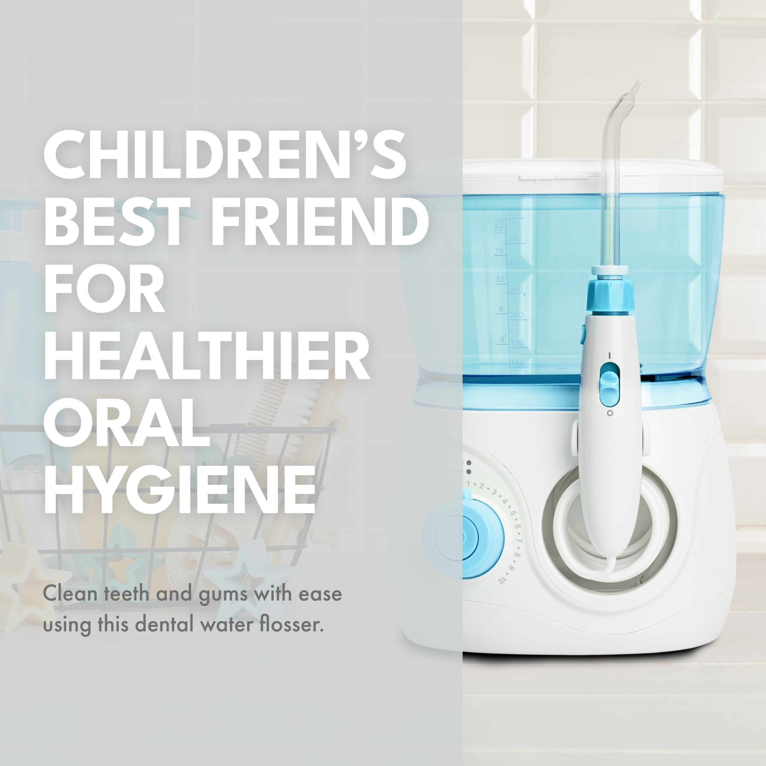 ToiletTree Products Children's Countertop Water Flosser - High-Quality Dental Oral Irrigator for Kids - BPA-Free Dental Water Flosser with 600mL Capacity and Adjustable Water Pressure - Blue