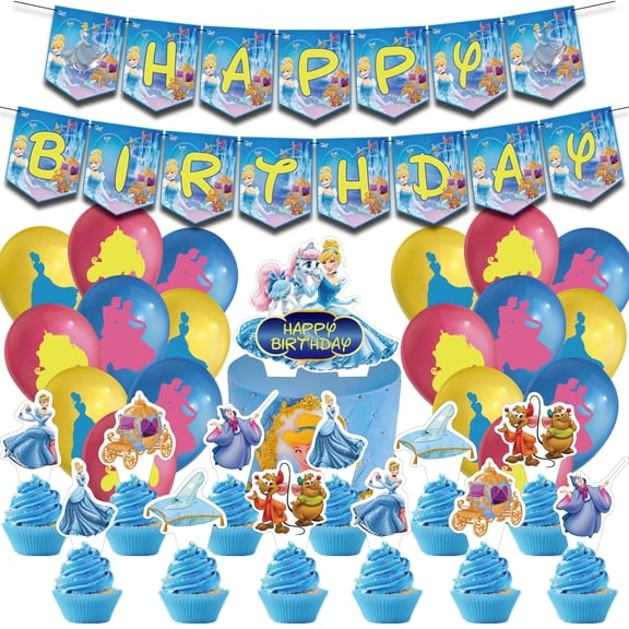 Cinderella Party Supplies, Birthday Decorations Set Include Banner, Balloons, Stickers, Cake Cupcake Toppers, Cinderella Theme Party