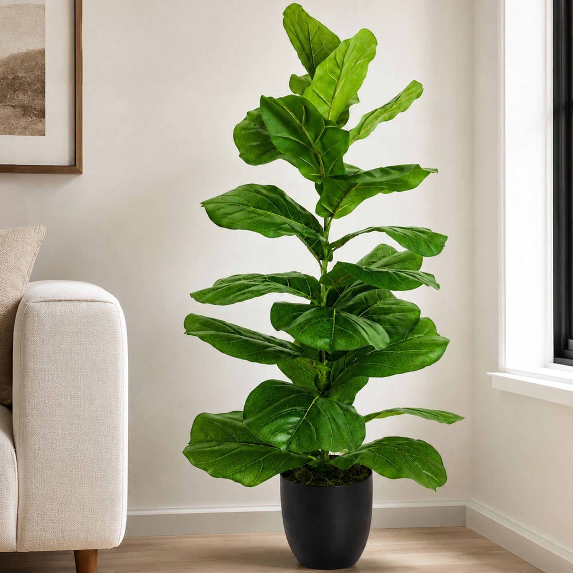 Artificial Tree, 5ft Faux Designer Fiddle Leaf Fig Tree in Black Nursery Pot by LCG Florals, Fake Indoor Tree for Living Room, Office, and Home Décor