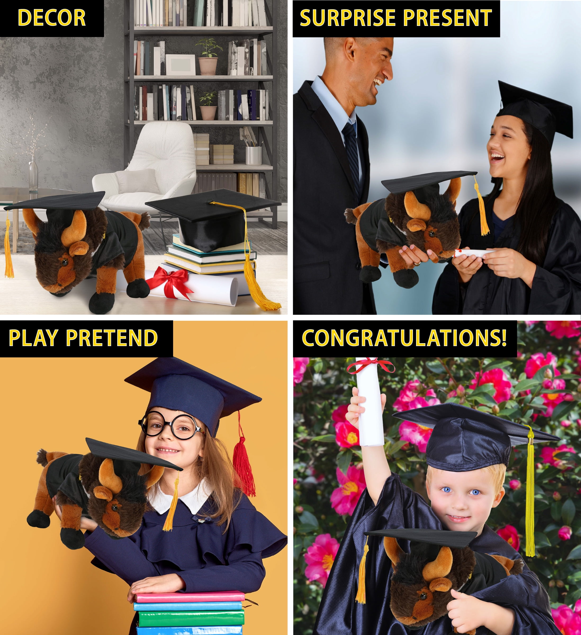 DolliBu Wild Small Buffalo Graduation Plush Toy - Super Soft Graduation Stuffed Animal Dress Up with Gown and Cap with Tassel Outfit - Reward Celebration Grad Gift - 9.5 Inches