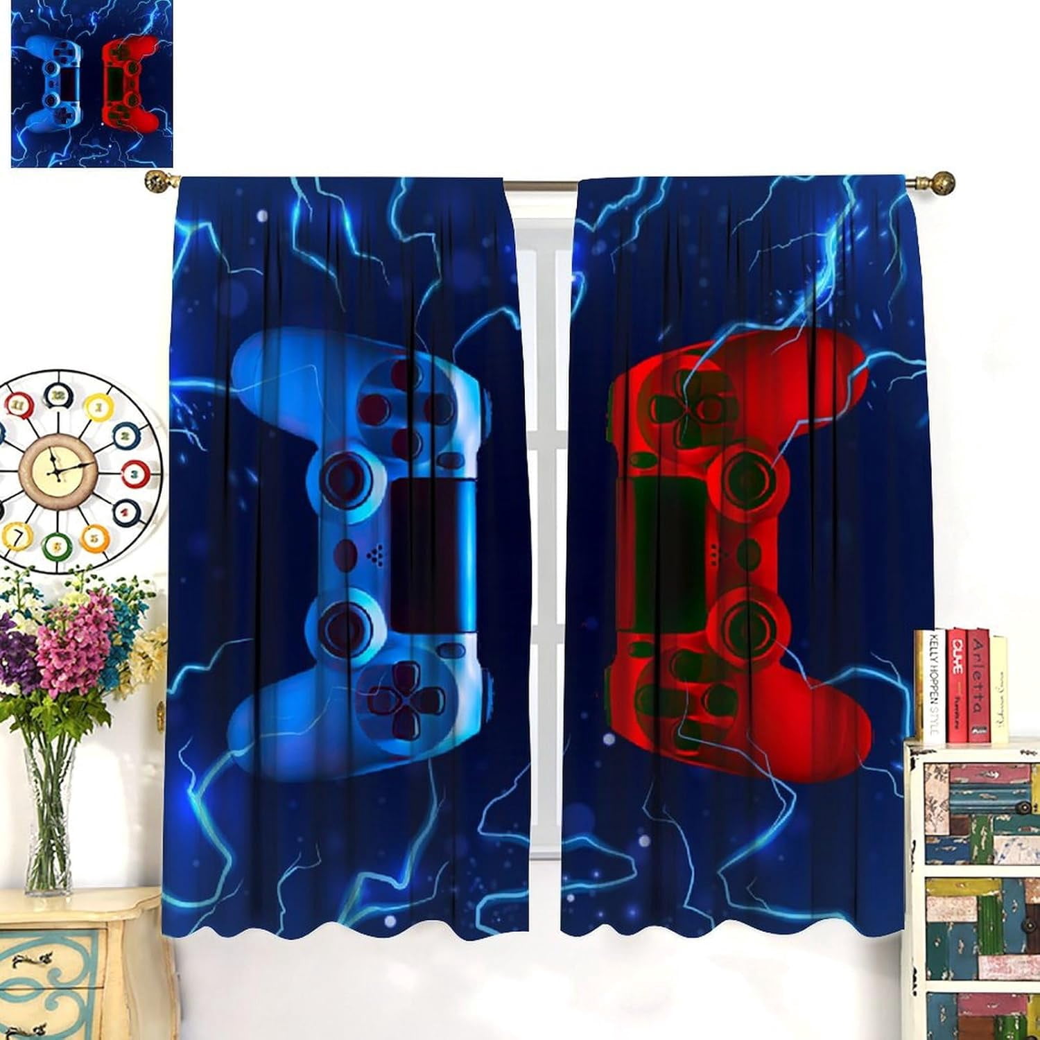 Modern Gamer Curtains, Video Games Window Curtains for Boys Bedroom 3D Red Blue Gamepad with Lightning Window Treatments for Kids Gamer Room Living Room, （W21xL63 Inch） x2 Panels