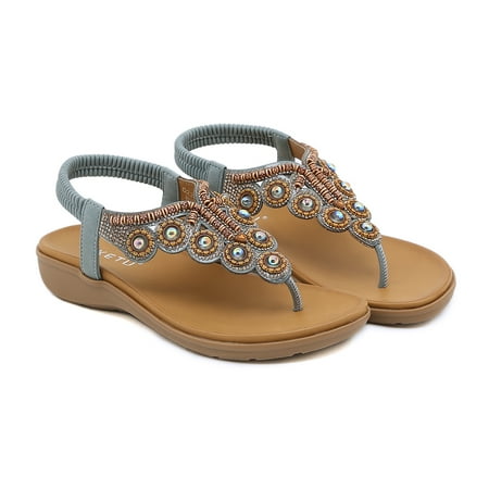 

Women‘s Wedge Heeled Sandals Open Toe Round Toe Elastic Ankle Strap Rhinestone Decor Flat Sandals Women‘s Boho Style Footwear