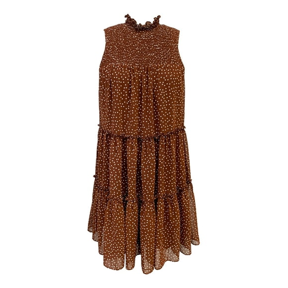 TAYLOR Womens Brown Smocked Sheer Lined Tiered Polka Dot Sleeveless Mock Neck Mini Shift Dress Petites 4P