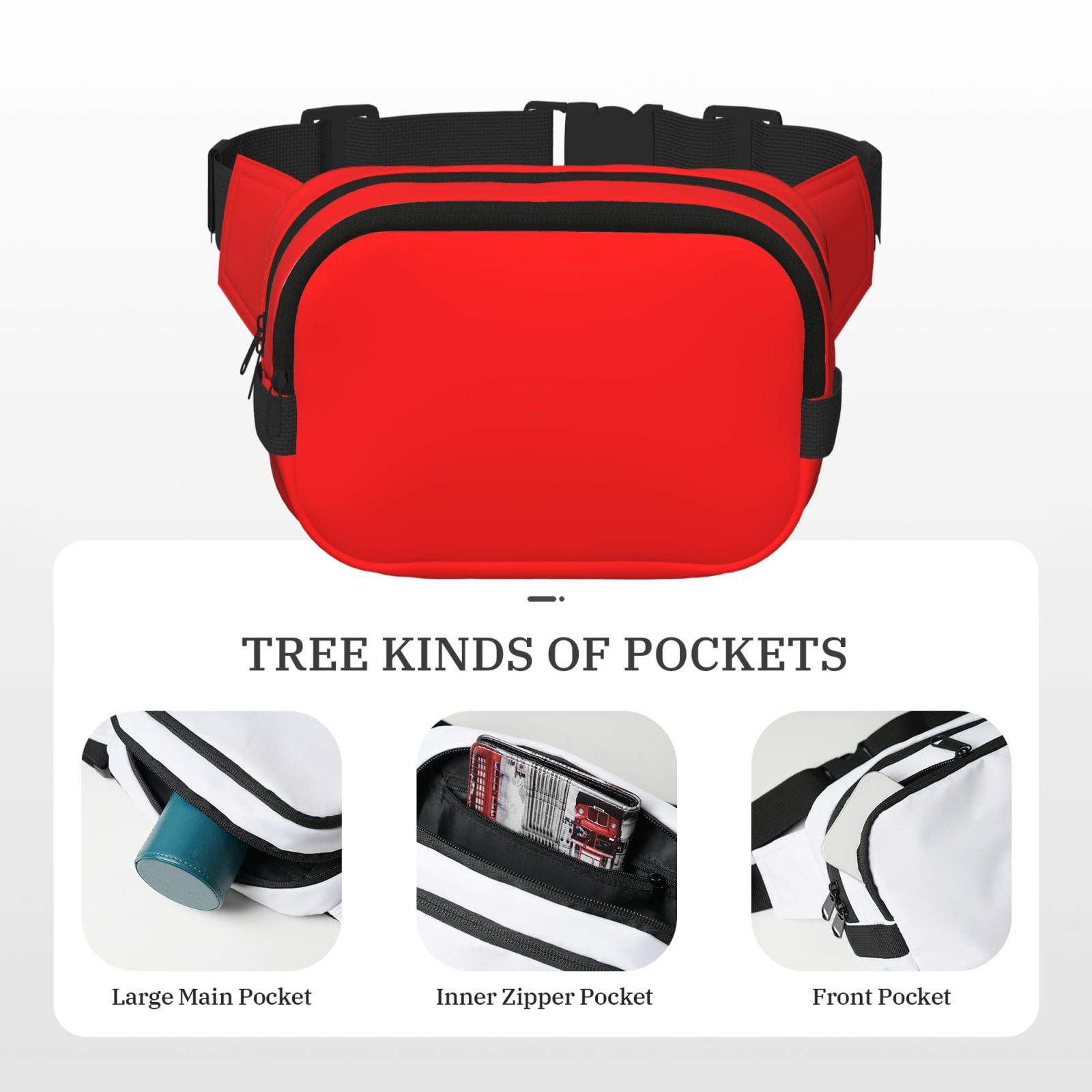 Hirioo Red for Double Layer Waist Bag Adjustable Fanny Pack For Travel Running Hiking