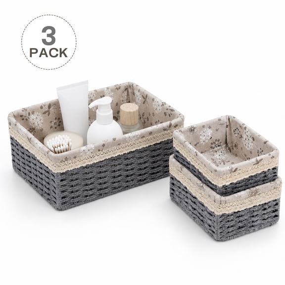 Tripumer 3Pcs Woven Storage Baskets, Countertop Storage Boxes with Floral Lining Patterns—Ideal for Bathroom Organization, Kitchen, Home, and Desktop Storage—Gray