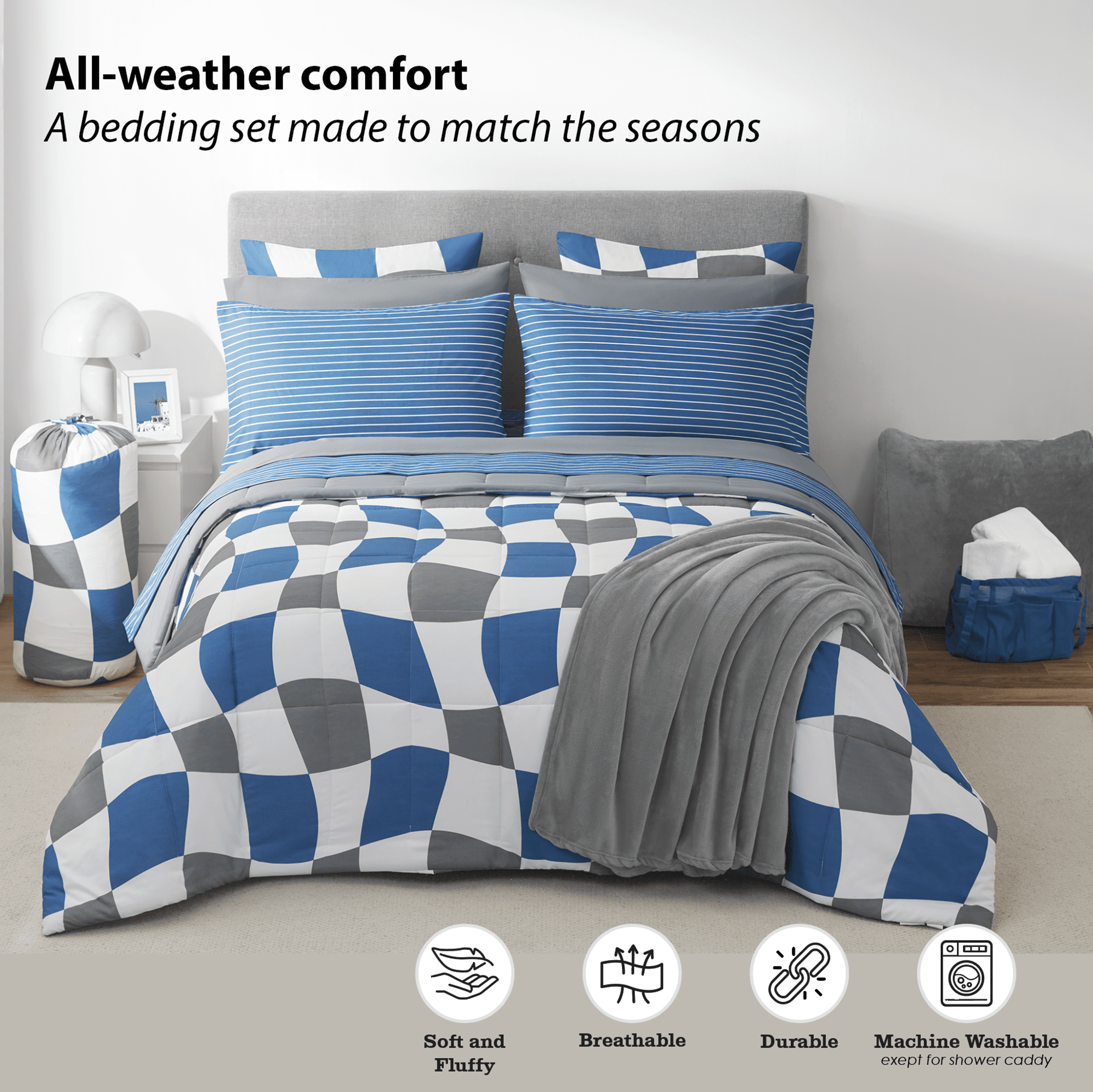 17pc College Dorm Essentials Bundle, Full, Reversible Bed in a Bag Comforter Set, Navy Checker