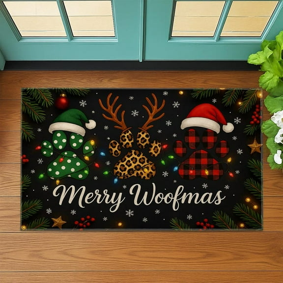 TiniDecor Merry Woofmas Dog Paw Doormat – 18"x30" Christmas Buffalo Plaid & Leopard Holiday Entry Rug