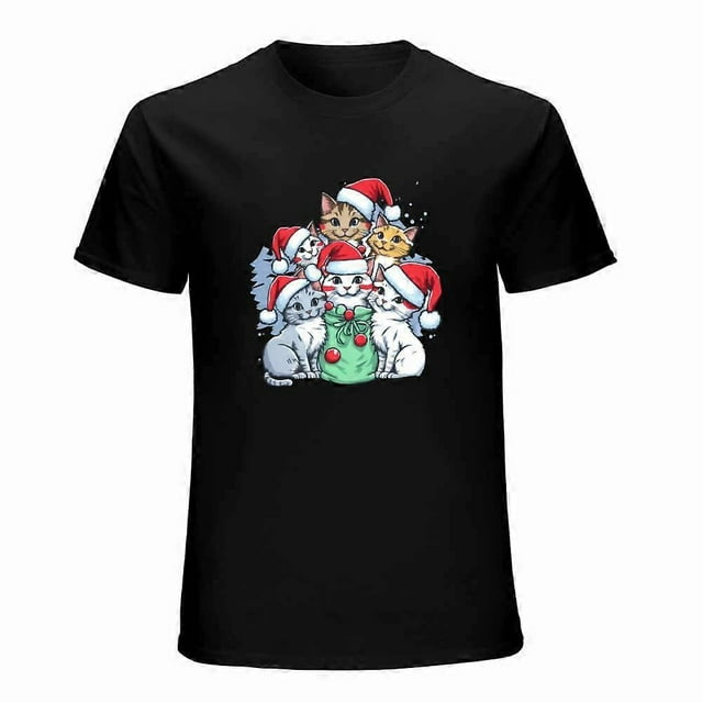 Meowy Christmas Cat T-Shirt Cute Santa Hat Cats Gift for Cat Lovers Women Men Kids Top