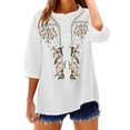 thumbnail image 4 of CLOISE 3/4 Length Sleeve Womens Tops Blouses Dressy Casual Plus Size Embroidery Shirts Loose Floral V Neck Pullover Cotton Linen Fall Clothes White M, 4 of 6