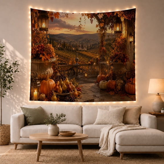 Pumpkins on an Autumn Porch, Cozy Rustic Style for Farmhouse Decor Lovers, Harvest Wall Art, Thanksgiving Hostess Gift, Tapestry Wall Hanging for Living Room and Entryway