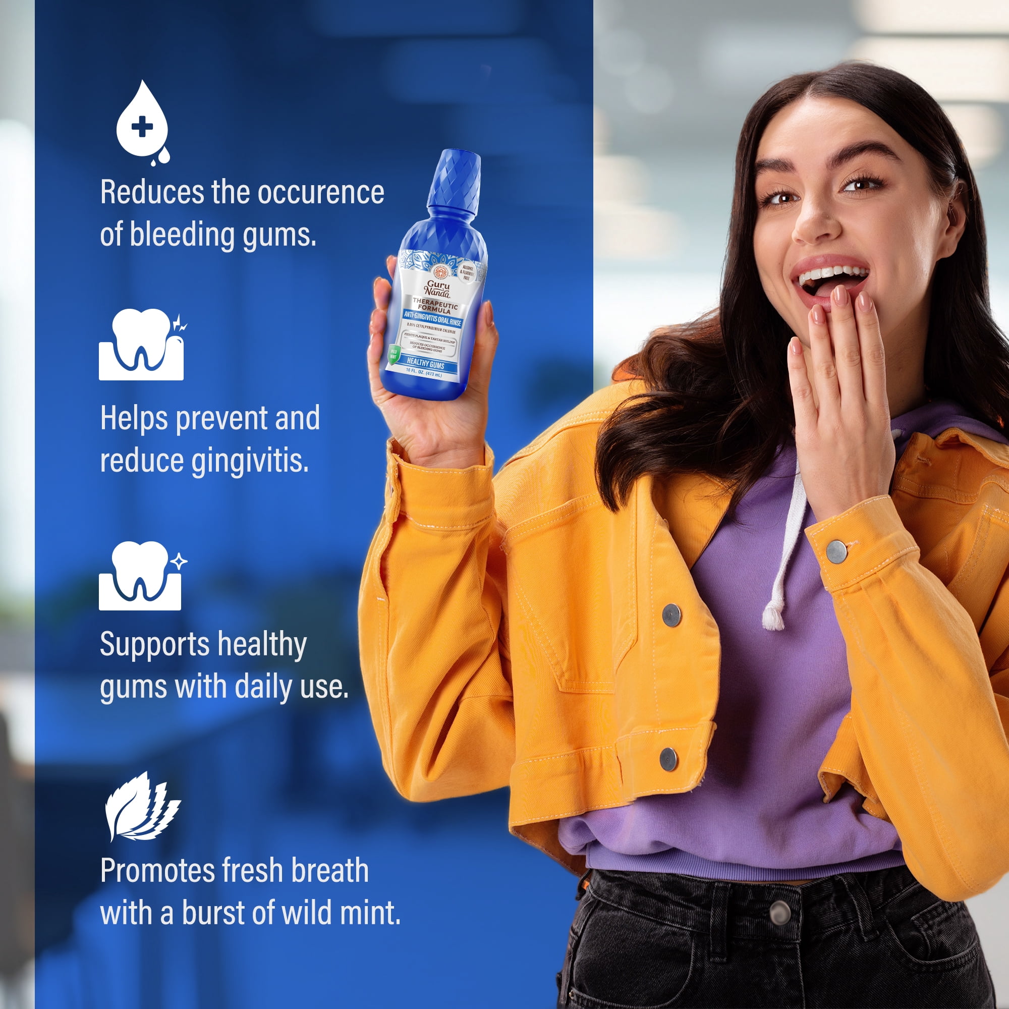 GuruNanda Healthy Gums Antigingivitis Mouthwash - Alcohol Free, Wild Mint - 16 fl oz