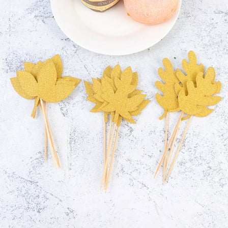 COSMOBETTY 12pcs Golden Glittering Maple Leaf Shaped Cupcake Toppers Paper Cake Picks for Birthday Thanksgiving Party Decoration