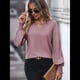 thumbnail image 5 of Camisa Informal Sencilla de Larga con Cuello en V para Mujer, Color Liso, Plisada, con Mangas Farol Rosa M, 5 of 9