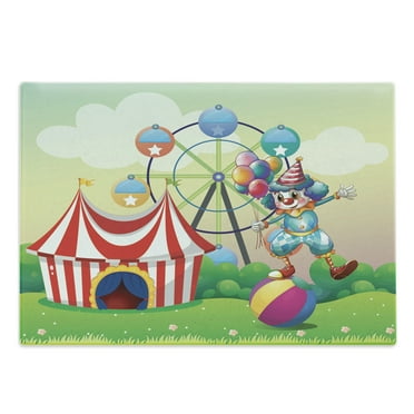 Circus Cutting Board, Illustration of a Clown Balancing Above an Inflatable Ball at the Carnival Print, Decorative Tempered Glass Cutting and Serving Board, Large Size, Multicolor, by Ambesonne