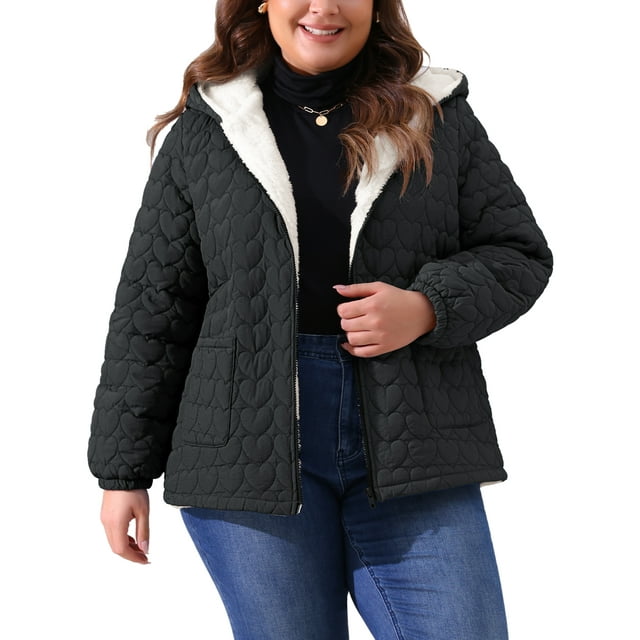 Abrigo de tallas grandes GRACE & GRANDEUR para mujeres, chaqueta acolchada ligera con capucha, bolsillos, cremallera completa, abrigos de invierno 1X negro