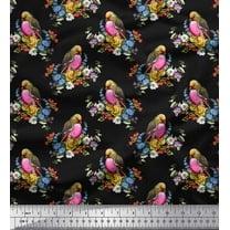 Soimoi Black Cotton Duck Fabric Leaves,Floral & American Robin Bird Printed Fabric 1 Yard 42 Inch Wide