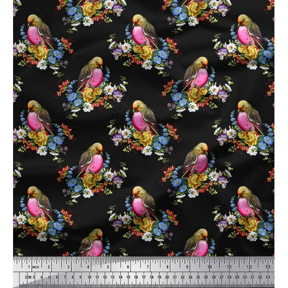 Soimoi Black Cotton Duck Fabric Leaves,Floral & American Robin Bird Printed Fabric 1 Yard 42 Inch Wide