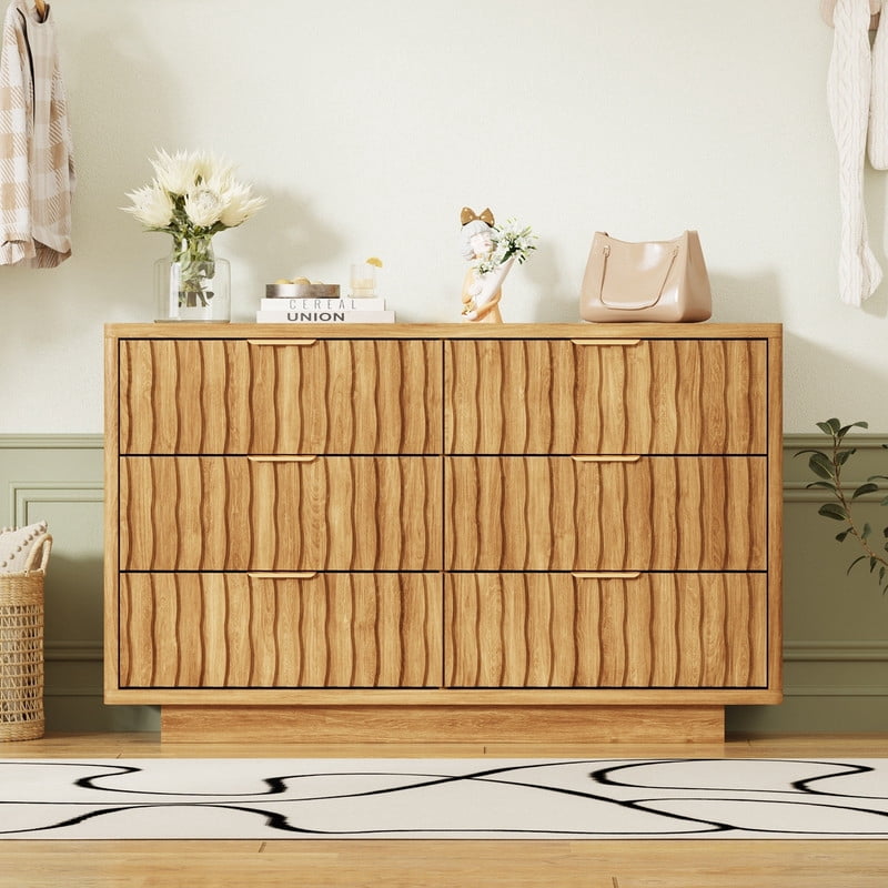 Fluted 6 Drawer Dresser for Bedroom, Wide Modern Chest of Drawers with Metal Handle, Curved Profile Design, Wood Closet Clothes Storage Organizer for Bedroom, Living Room, Hallway
