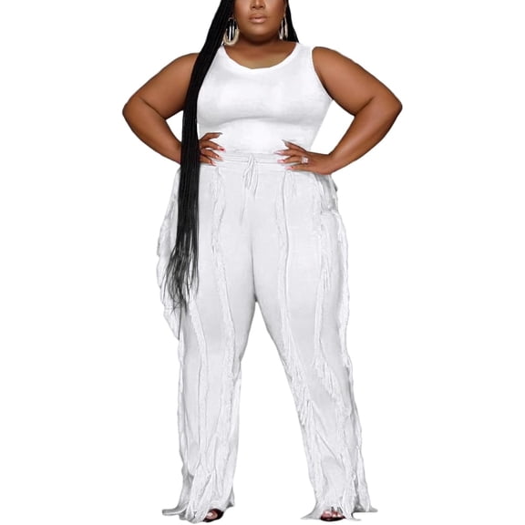 Women's Plus Size 2 Piece Outfits Sleeveless Tank Top & Fringe Tassel Long Pants Clubwear Set