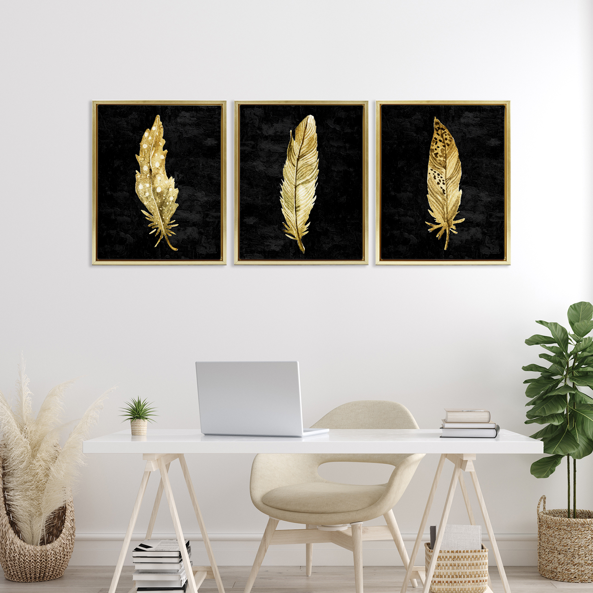Black & Gold Feathers 3 Piece Gold Framed Floater Canvas Set, design by Kim Allen