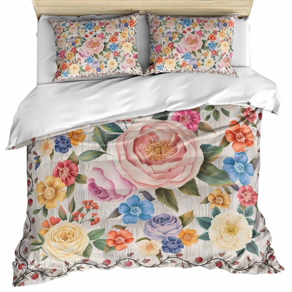 Boho Pink Flowers Bedding 3 Piece Duvet Cover Set Twin Size, Colorful Floral Spring Vintage Botanical Microfiber Comforter Cover with Zipper Closure & Pillowcases, Wrinkle & FadeResistant Quilt Cover