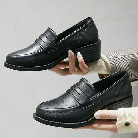 

Cathalem Women Casual Shoes 5 Leisure Women Artificial Leather Solid Color Autumn Thick Sole Square Heels Slip On Short Booties Shoes Black 7