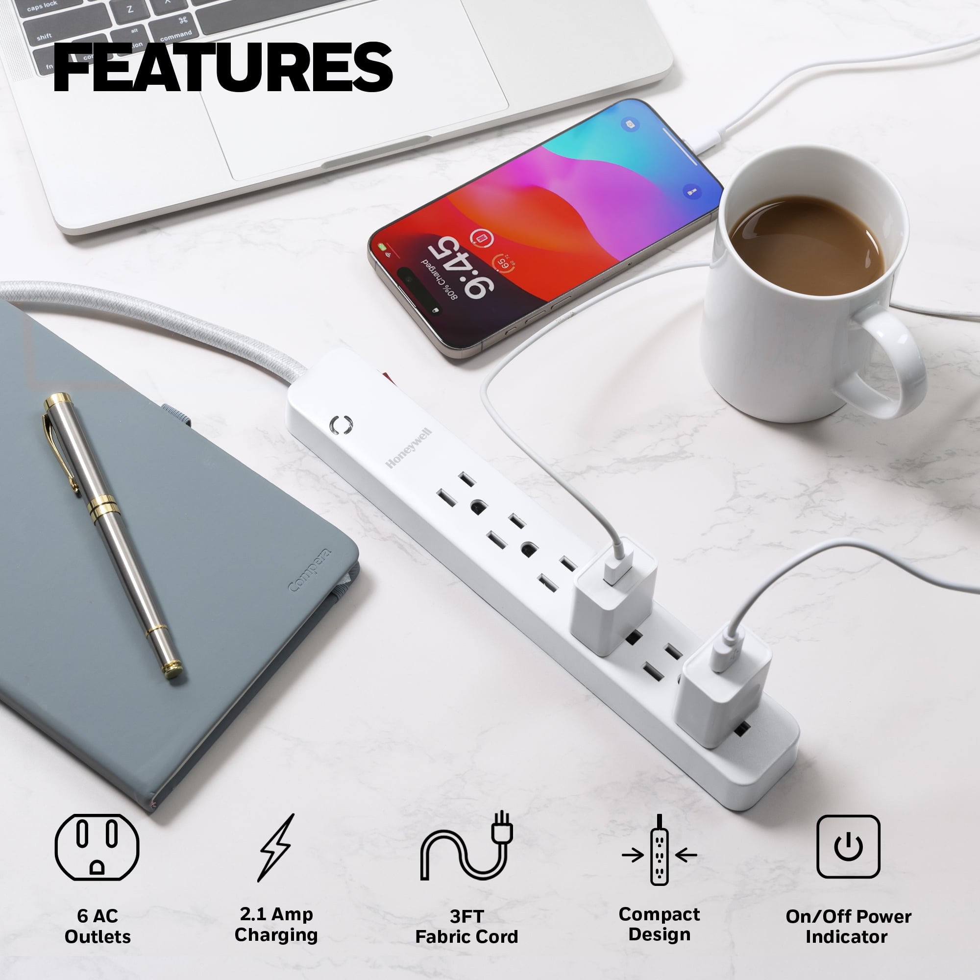 Honeywell 2-in-1 Pack Power Strips - 6 AC Outlets Surge + 3 AC 2 USB Strip (1 USB-A + 1 USB-C 2.1A) - White
