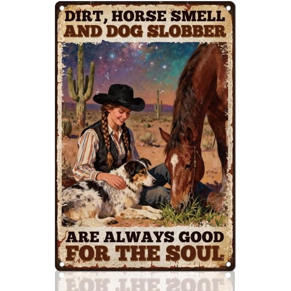 Retro Western Cowgirl Metal Wall Decor 8x12 Vintage Tin Sign with Horse and Dog Artwork for Home Bar Garage or Outdoor Spaces