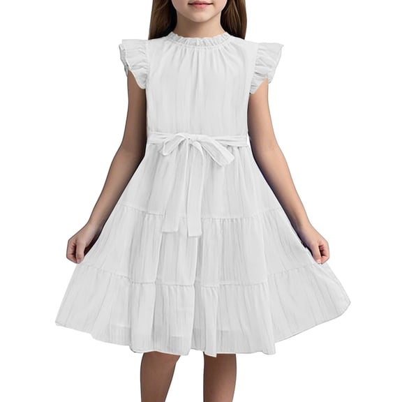 Rggeeun Toddler Girls Dresses Ruffle Sleeves Summer O-Neck Chiffon Plain Children Elegant A-Line Party Dress Kids Festive Dress With Belt Breathable Casual Sundress
