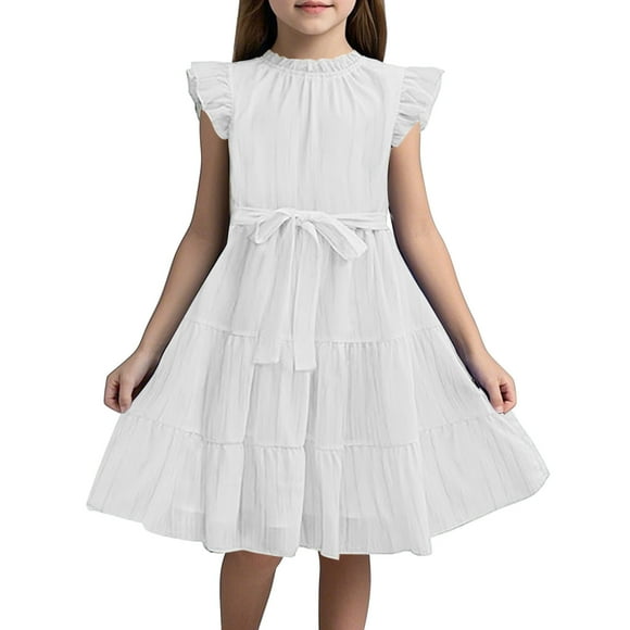 Wdgfv Elegant Girls A Line Party Dress with Ruffle Sleeves and Neck Chiffon Festive Attire for Children Summer Celebration White 160.00