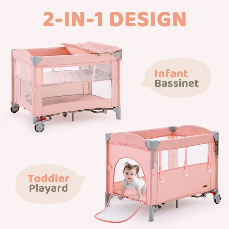 HARPPA 5 in 1 Portable Playard and Bassinet for Girl from Newborn to Toddler, Easy Folding, Pink