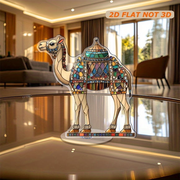 Rotating acrylic ornament featuring stained glass camel diamond inlay and decorative gemstone accents along the edges and bottom on a white background