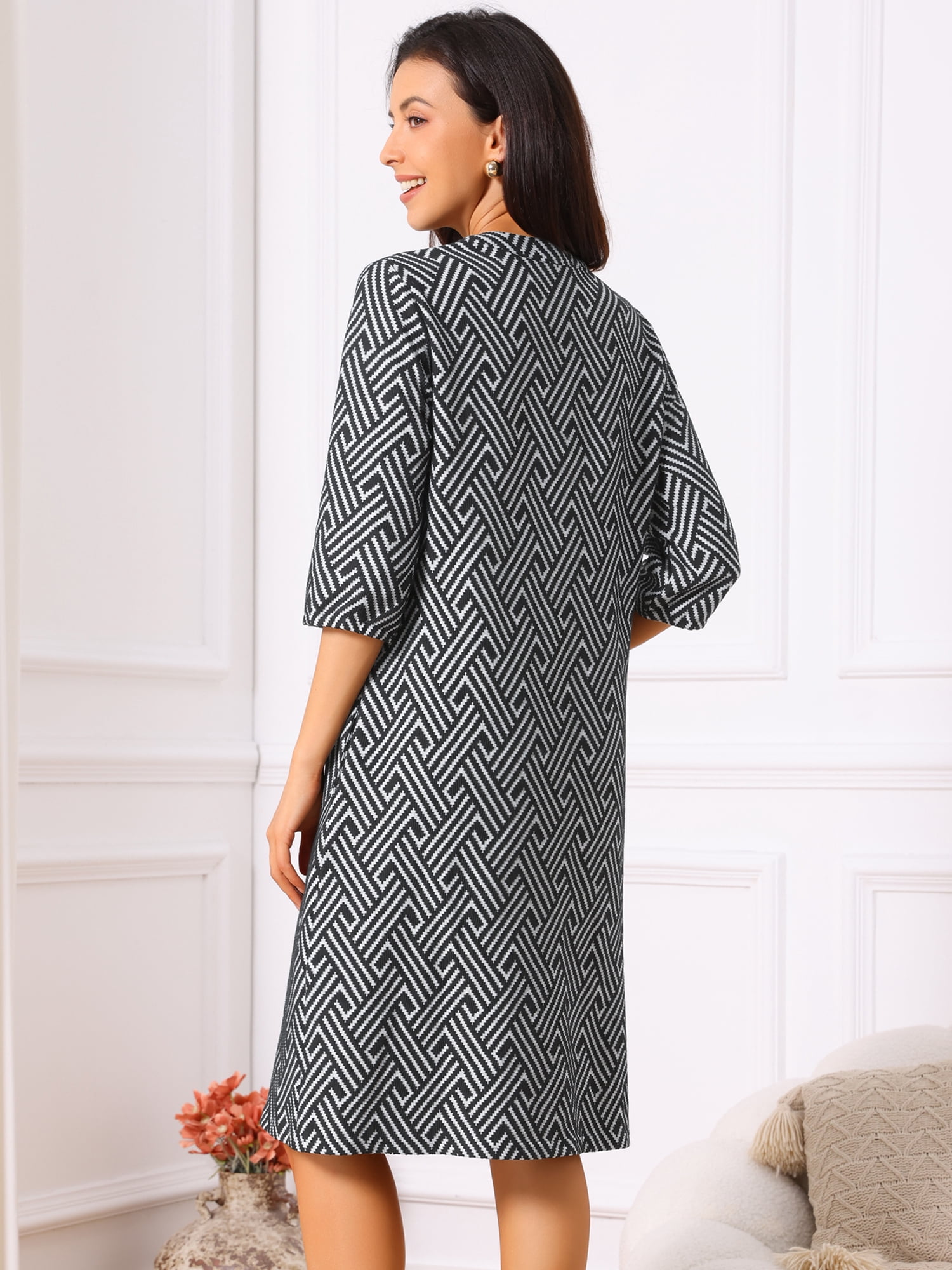 DARING DIVA Women's 3/4 Sleeve V Neck Zigzag Print Dress XL Black