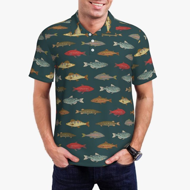 Balery River Freshwater Fish Camisa Polo de Hombre con Estampado, de Manga Corta y Tejido Medio, Camisa Tipo Golf Polo-Medium