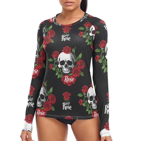 joogoo Womens UPF 50  Rash Guard Skulls Roses Pattern Long Sleeve UV Protection Sun Shirts Tops S
