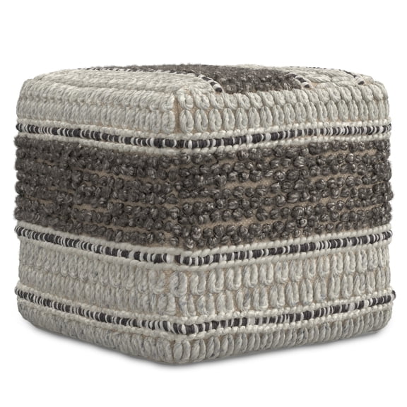 Simpli Home Grady 18 inch Wide Contemporary Square Pouf in Earth Tone Brown Handloom Wool and Cotton