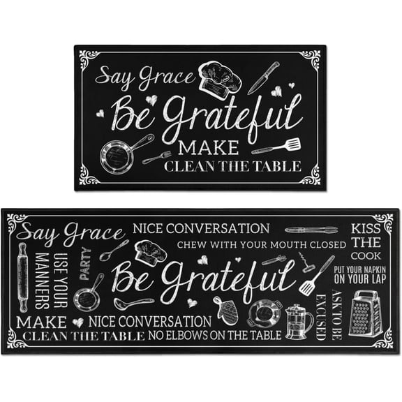 Farmhouse Kitchen Rugs and Mats 2-Piece Sets for Floor, Be Grateful Black Vintage Non-Slip Kitchen Mat & Runner, Machine Washable Rug for Kitchen Hallway Decor 17”x30“ 17'''' X 47''''