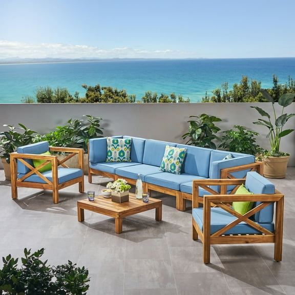 Noble House Brava Outdoor 6 Seater Sofa Chat Set Teak & Blue