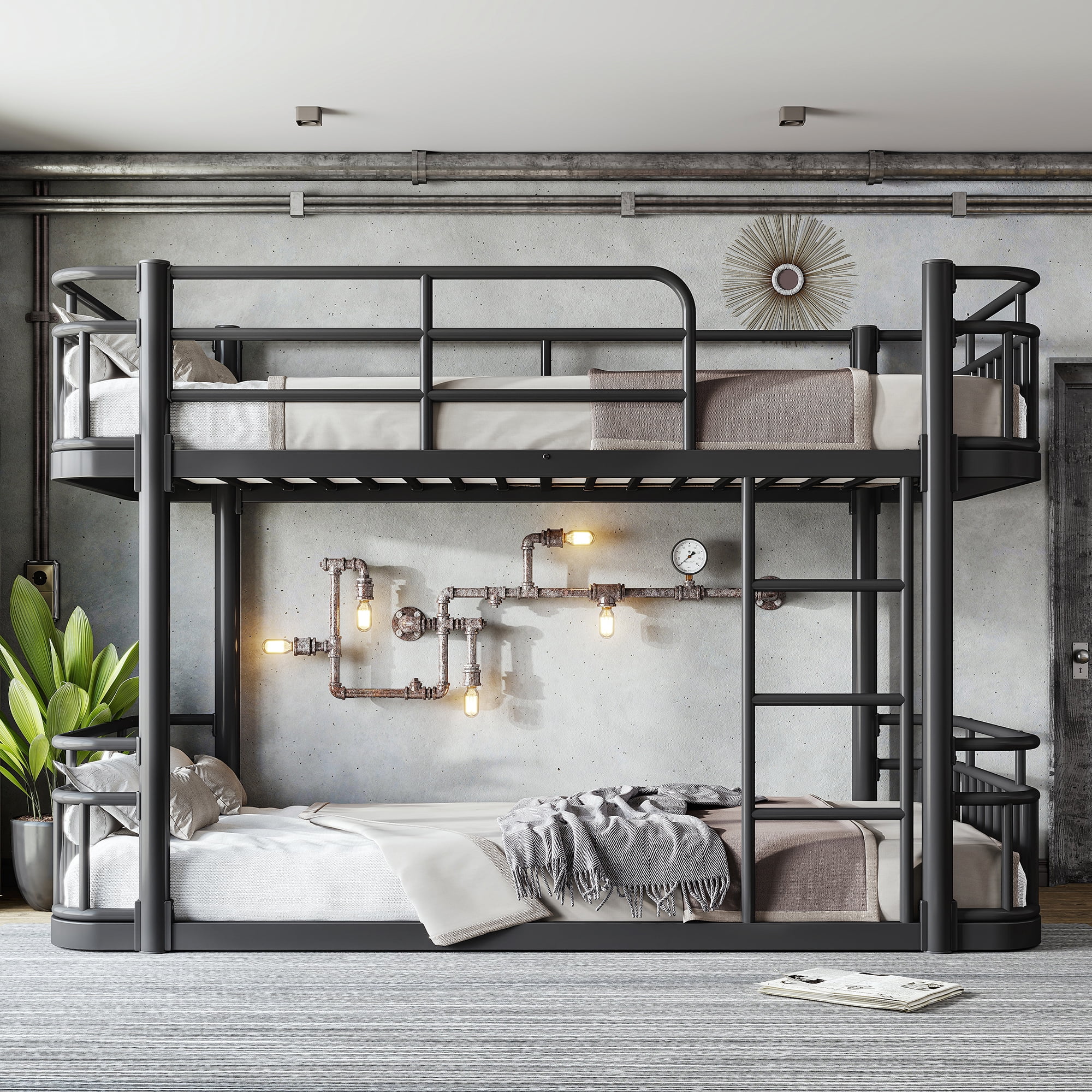 Twin XL Over Twin XL Bunk Bed 81.5 Inch, Metal Bed Frame with Ladder and Full Length Guardrails for Teens Adults, Sturdy Round Pipe Construction, No Box Spring Needed, Black