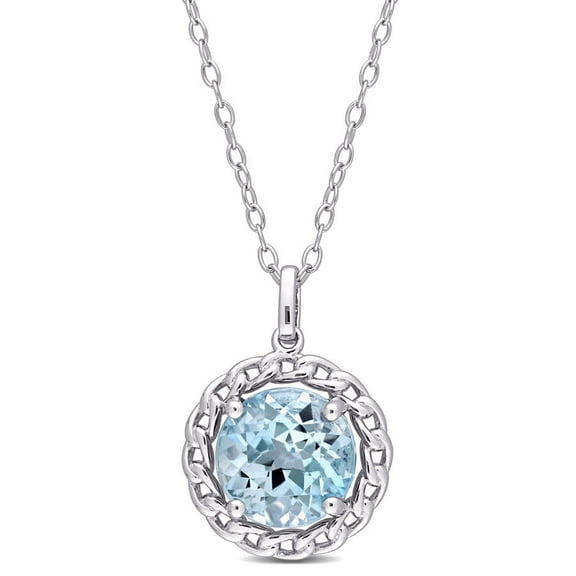 AMOUR 3 1/2 CT TGW Sky Blue Topaz Halo Pendant with Chain In Sterling Silver