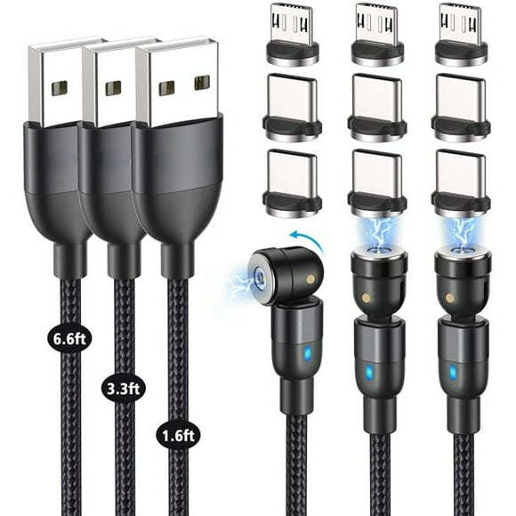 Câble de Charge (Pack de 3,3 Pieds / 6,6 Pieds), Melonboy 360 ° et 180 ° Câble de Chargeur de Téléphone Magnétique de Rotation, 3 en 1 Câble Magnétique Tressé en Nylon Compatible avec Micro USB, Type C - Noir