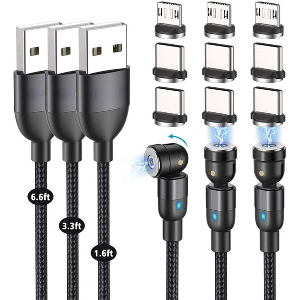 Charging Cable(3-Pack, 1.6ft/3.3ft/6.6ft), Melonboy 360°&180° Rotation Magnetic Phone Charger Cable, 3 in 1 Nylon Braided Magnetic Cable Compatible with Micro USB, Type C - Black
