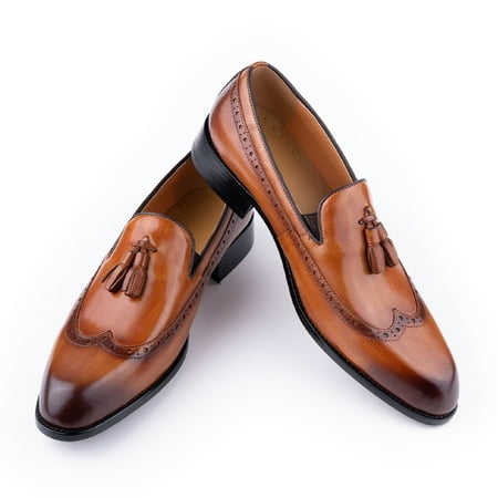 Loafers for Men Tassel New Style Shoe Men s Cowhide Handmade Sewing Casual Wedding Party Slip on Pointed Dress Shoes Man Brown 11.5